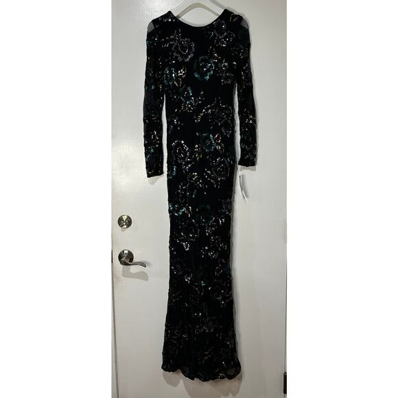 Betsy & Adam Black Floral Sequin Full Length Gown Size 4 NWT Teal Silver Roses - Picture 2 of 14